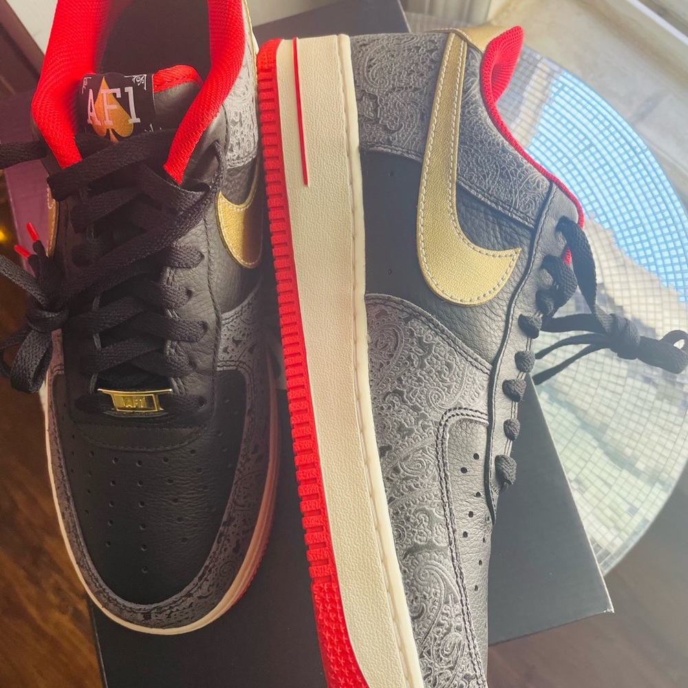 Nike Air Force 1 Black and Gold with Red Accents